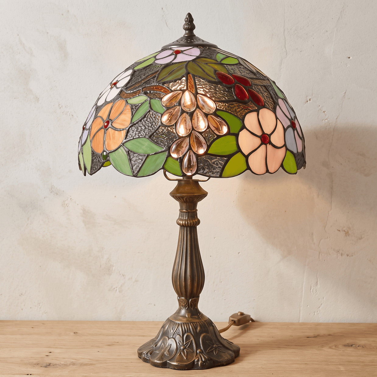 MIEKE: Vintage Tafellamp – Glas-in-lood Kap met Aluminium Voet - Volsani