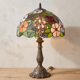 MIEKE: Vintage Tafellamp – Glas-in-lood Kap met Aluminium Voet - Volsani