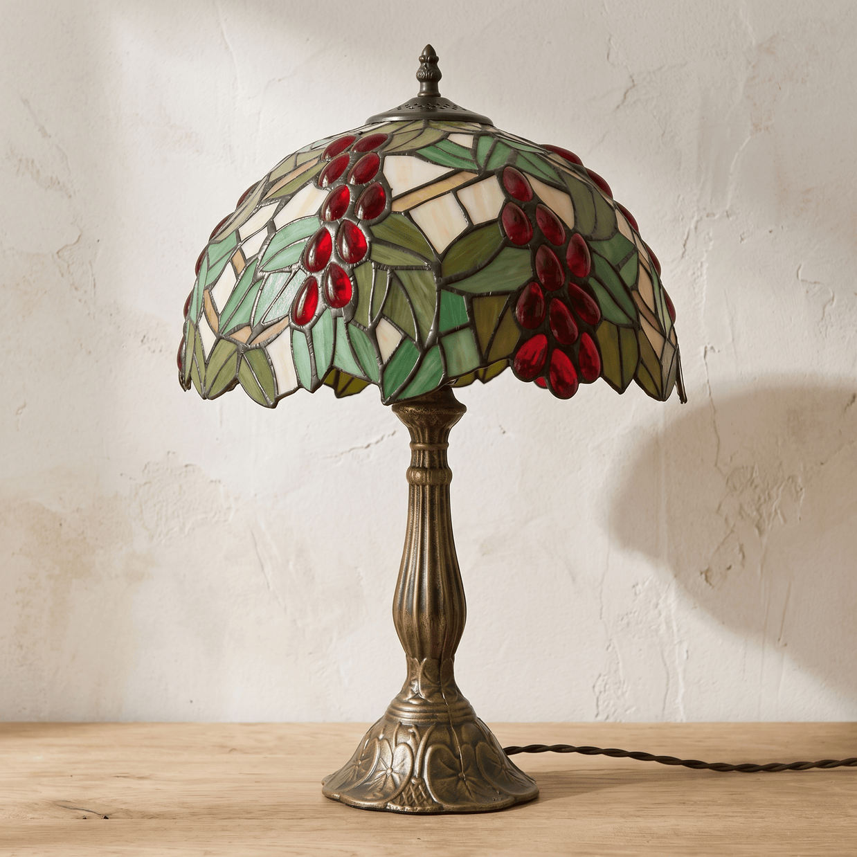 MIEKE: Vintage Tafellamp – Glas-in-lood Kap met Aluminium Voet - Volsani