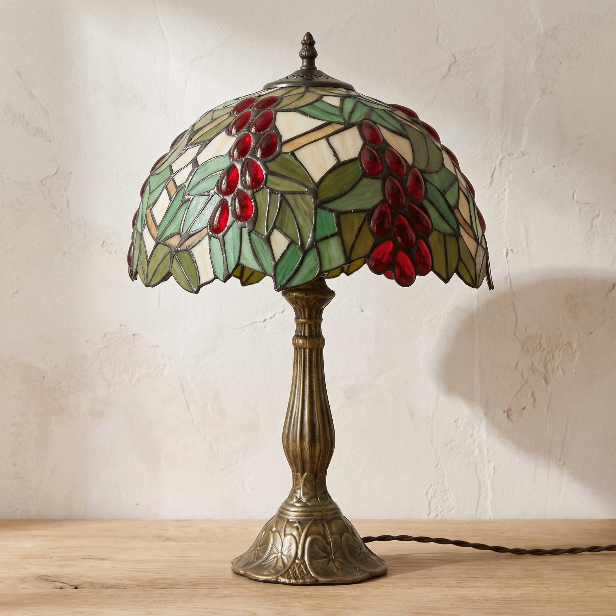 MIEKE: Vintage Tafellamp – Glas-in-lood Kap met Aluminium Voet - Volsani