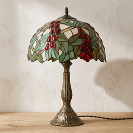 MIEKE: Vintage Tafellamp – Glas-in-lood Kap met Aluminium Voet - Volsani
