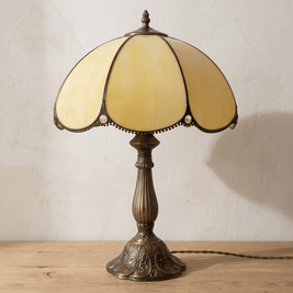 MIEKE: Vintage Tafellamp – Glas-in-lood Kap met Aluminium Voet - Volsani