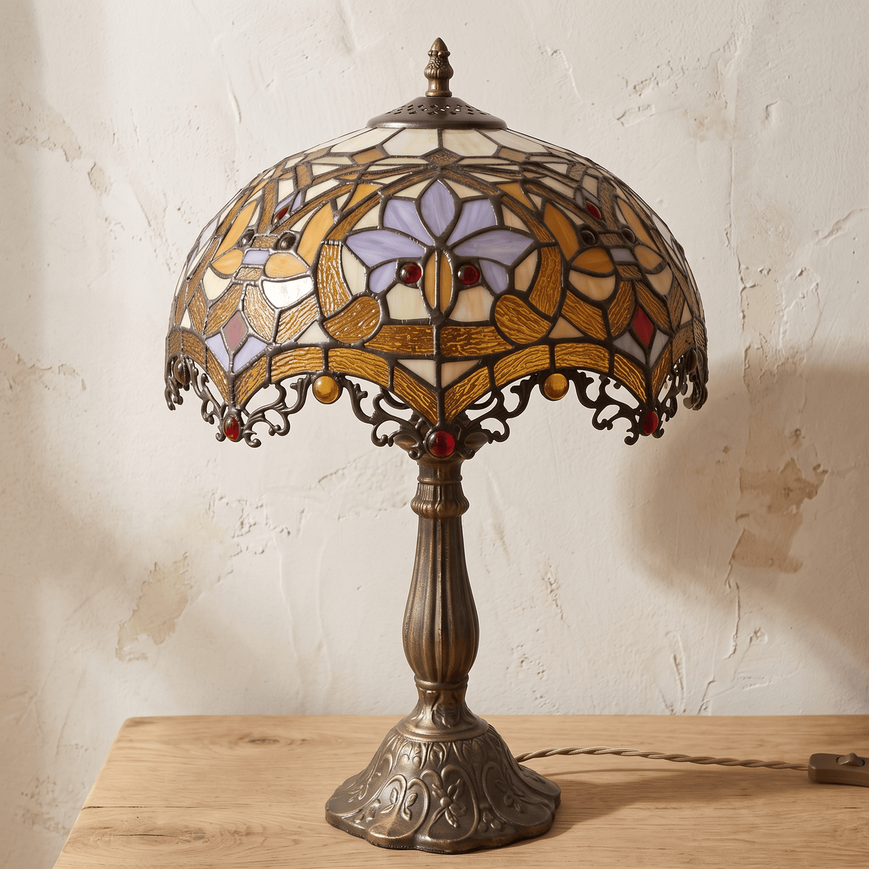 MIEKE: Vintage Tafellamp – Glas-in-lood Kap met Aluminium Voet - Volsani