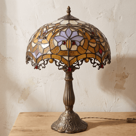 MIEKE: Vintage Tafellamp – Glas-in-lood Kap met Aluminium Voet - Volsani