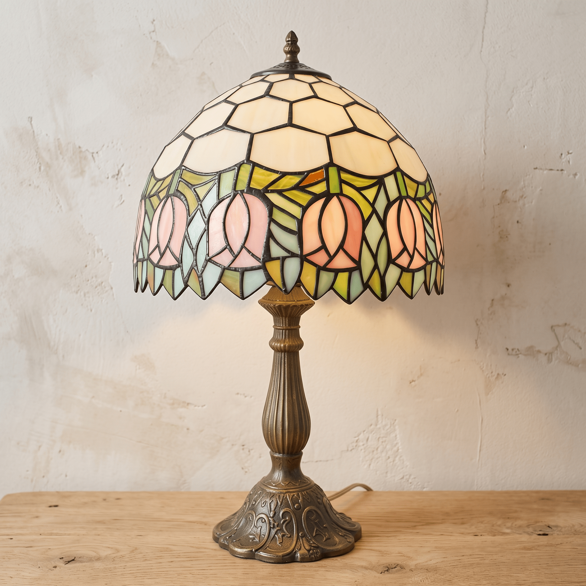 MIEKE: Vintage Tafellamp – Glas-in-lood Kap met Aluminium Voet - Volsani