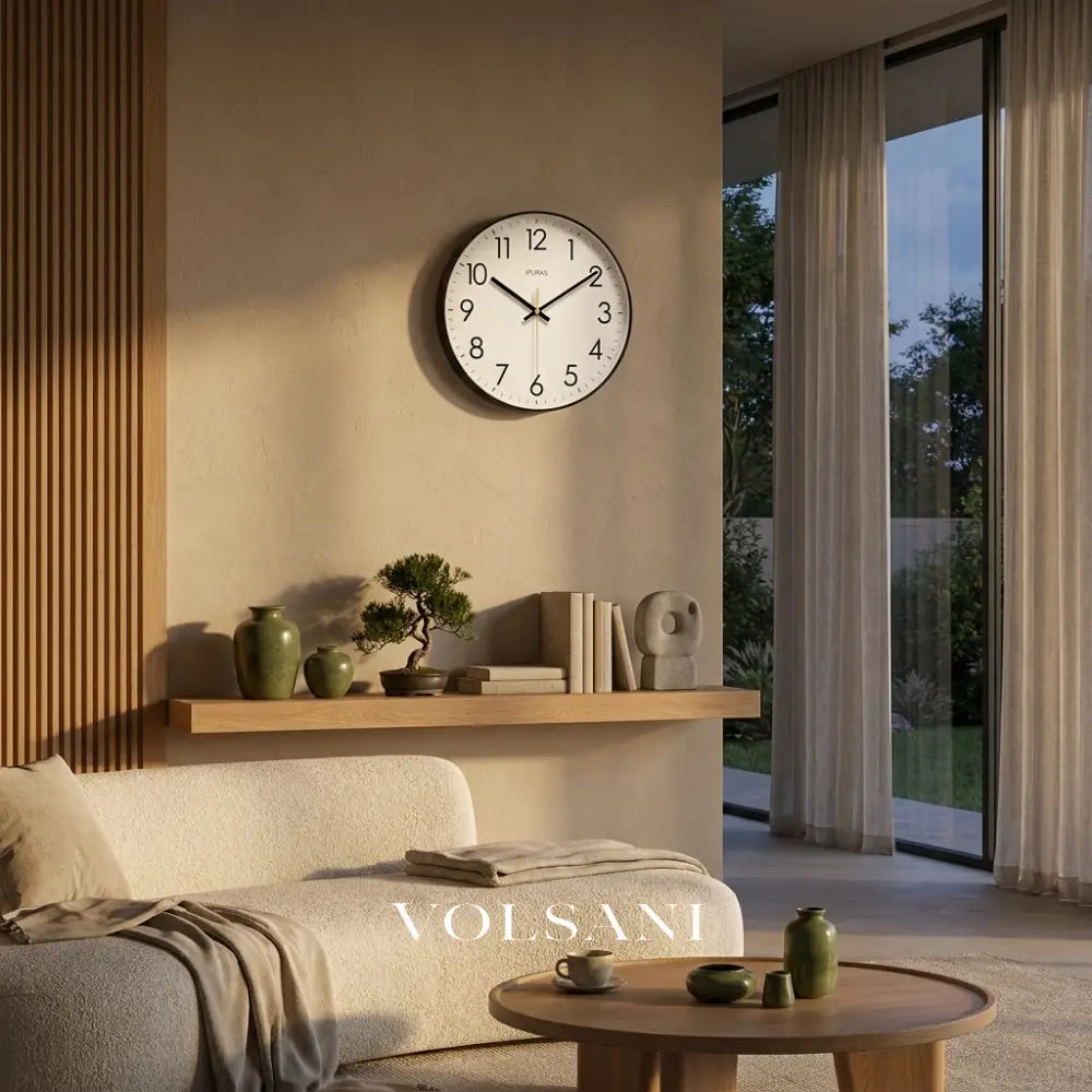 Minimalist wall clock with glass face in a living room