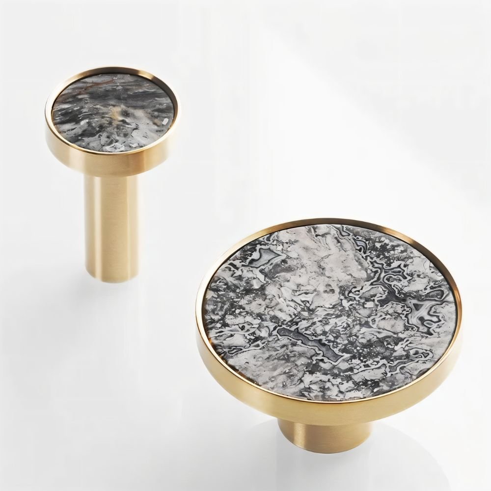 Natural Marble Cabinet Knobs, Nordic Kitchen & Wardrobe Cabinet Hardware, Brass Base, Set of 2 in 5 Patterns, 0.9-1.6in