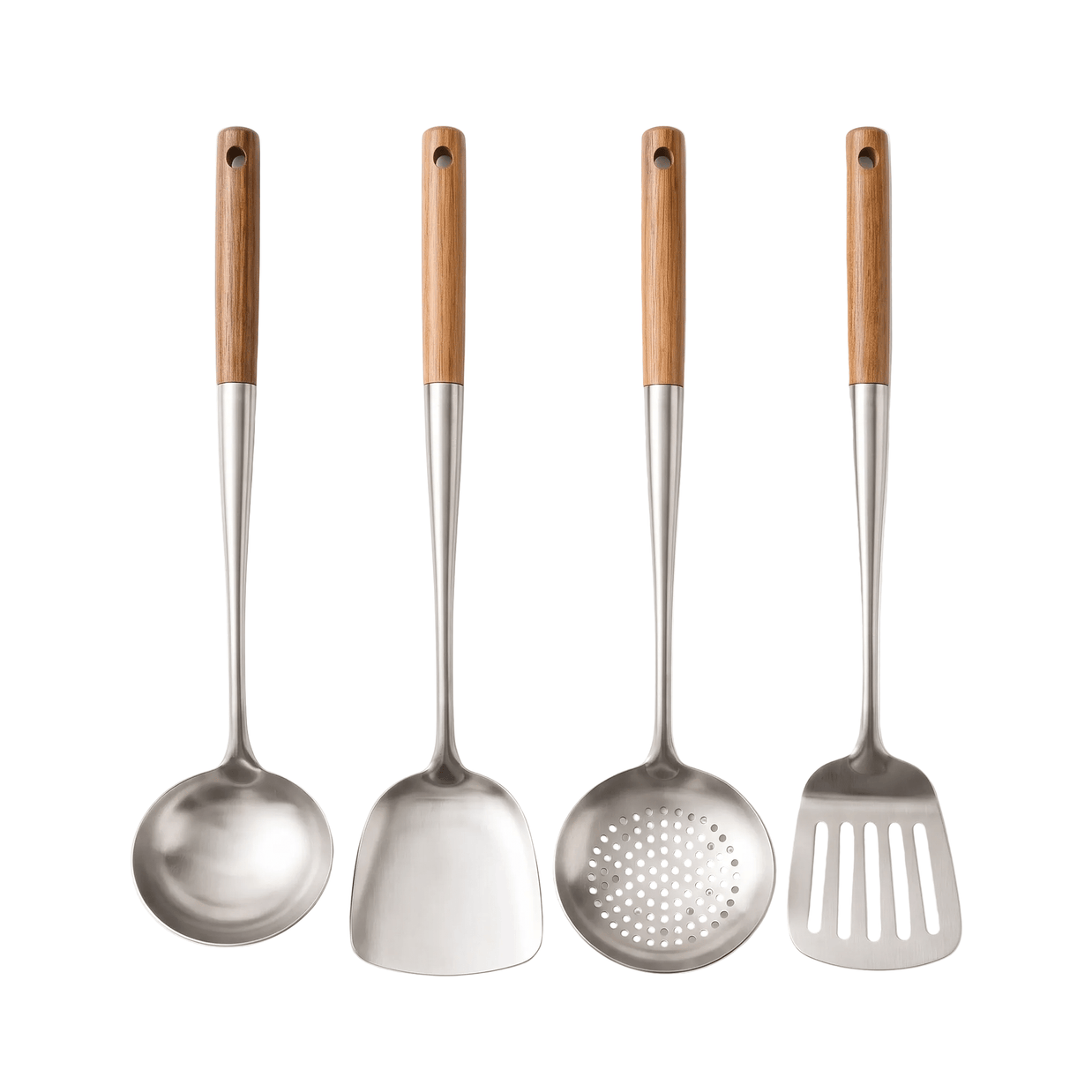 MIRTHE: RVS Wokgerei – 4-delige Set met Houten Handvatten - Volsani