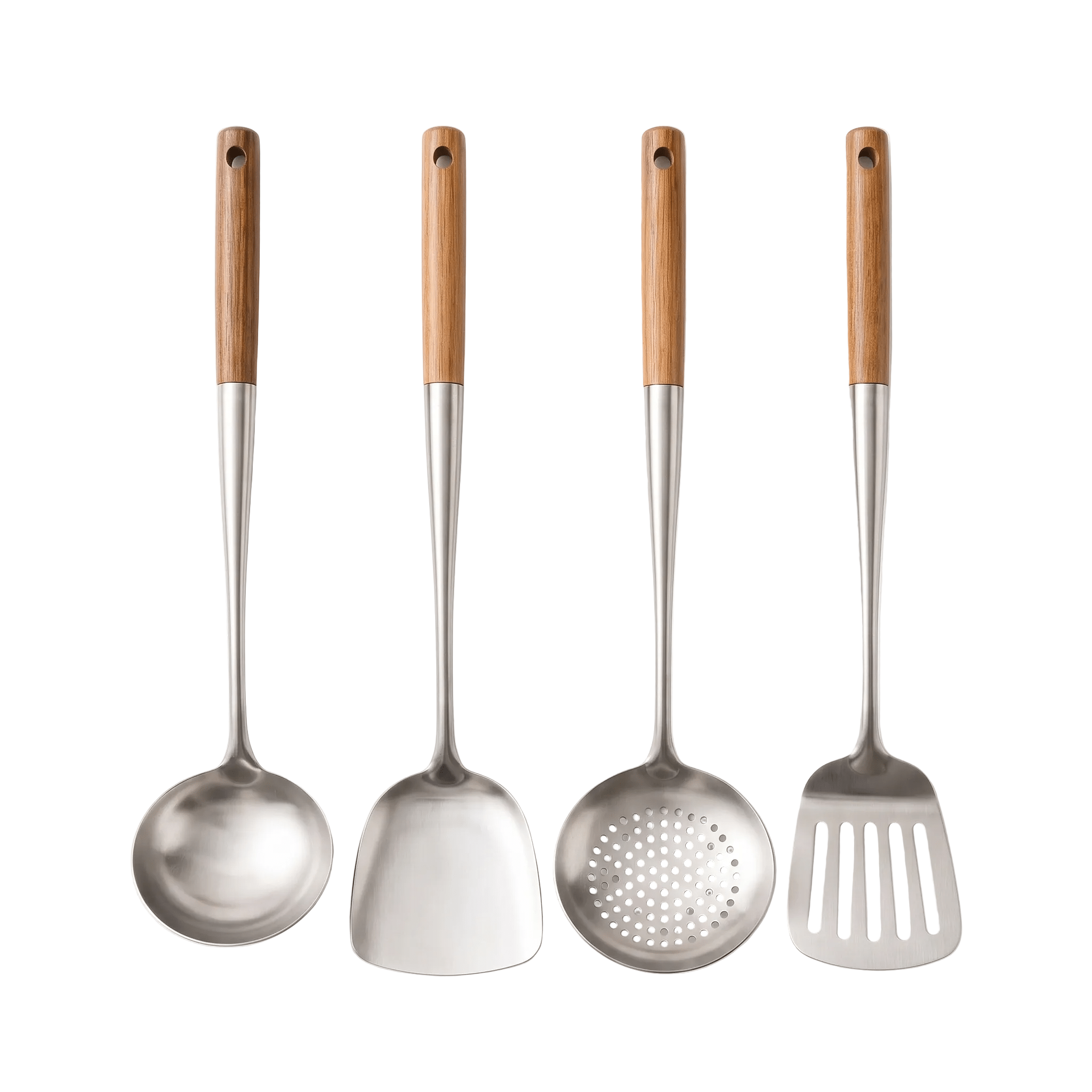 MIRTHE: RVS Wokgerei – 4-delige Set met Houten Handvatten - Volsani