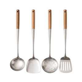 MIRTHE: RVS Wokgerei – 4-delige Set met Houten Handvatten - Volsani