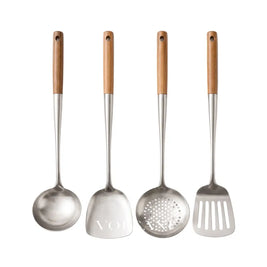 MIRTHE: RVS Wokgerei – 4-delige Set met Houten Handvatten - Volsani
