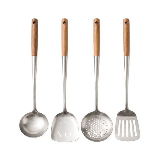 MIRTHE: RVS Wokgerei – 4-delige Set met Houten Handvatten - Volsani
