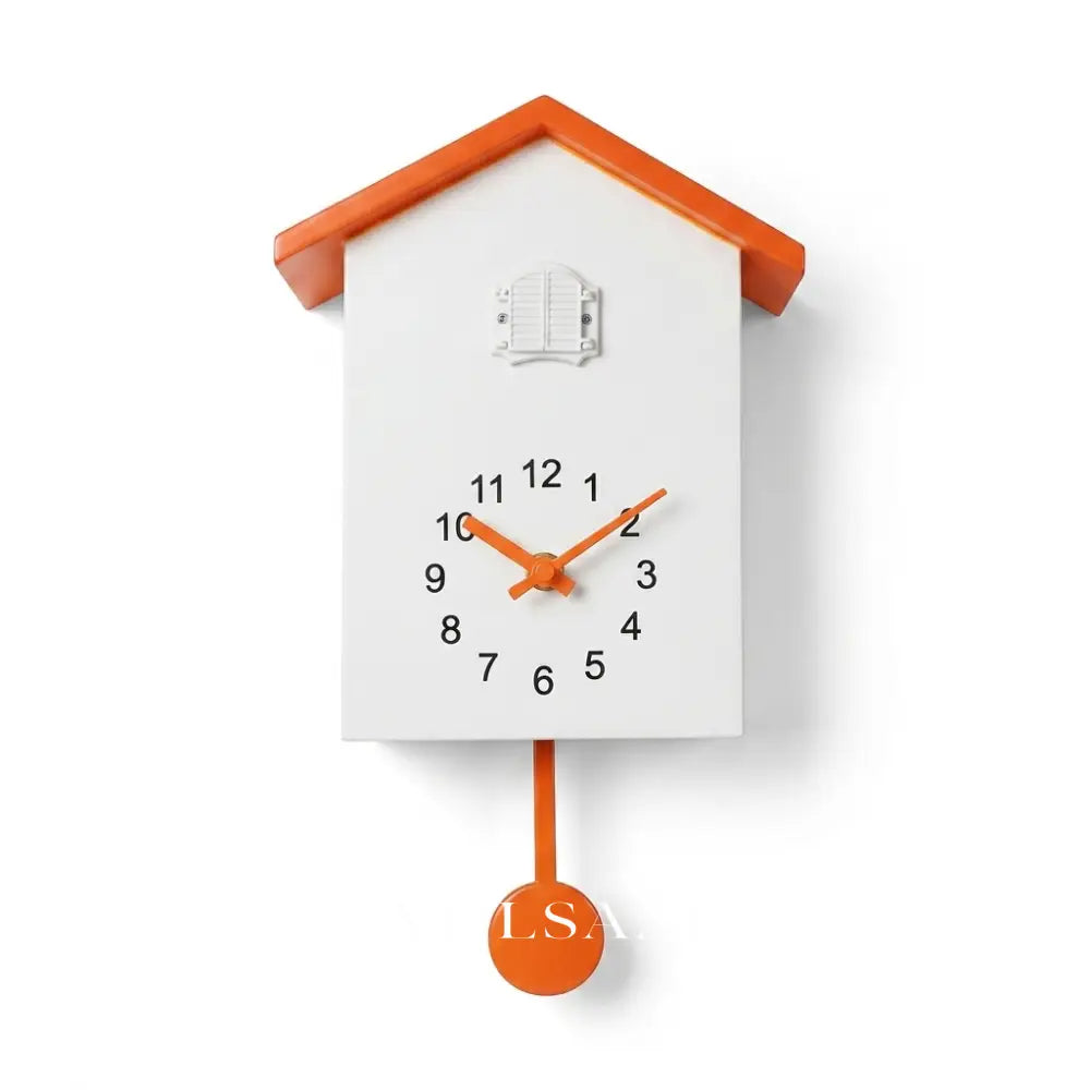 TIJN modern cuckoo clock in orange and white on white background