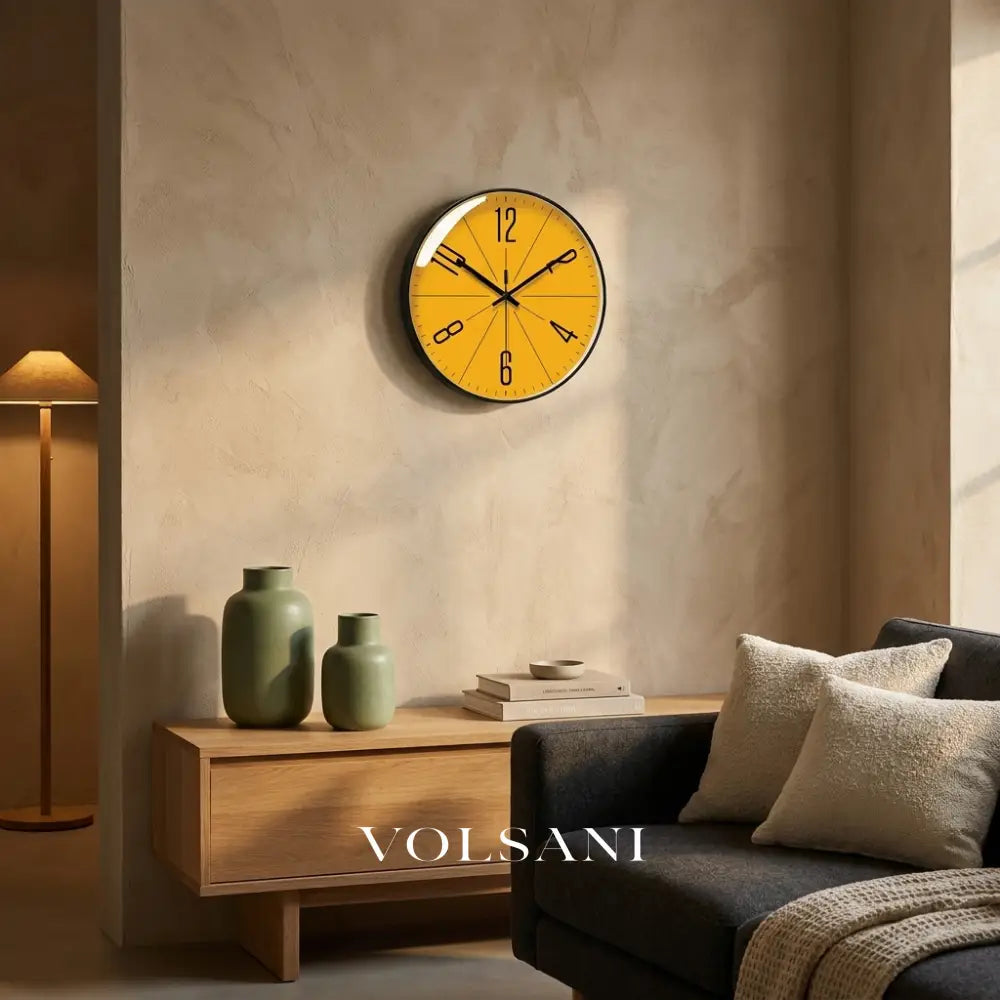 Modern wall clock with abstract dial in a living room