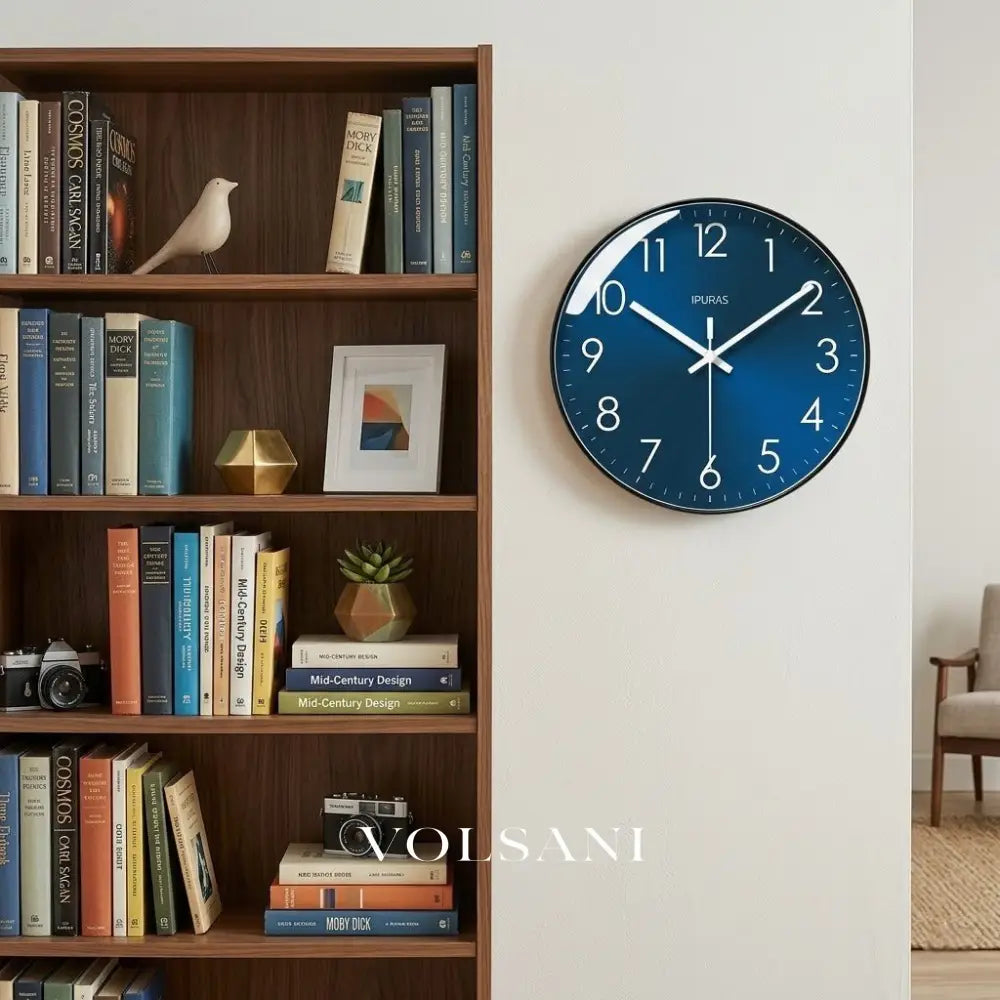 Modern Wall Clock with Blue Dial Scandinavian Living Room & Office Clock Non Ticking Silent Sweep 2 Sizes 9.8-11.8in