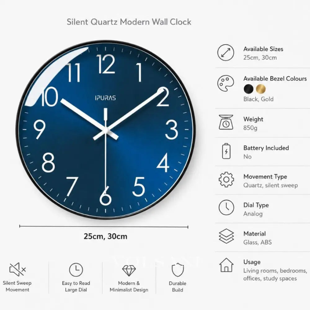 Modern Wall Clock with Blue Dial Scandinavian Living Room & Office Clock Non Ticking Silent Sweep 2 Sizes 9.8-11.8in