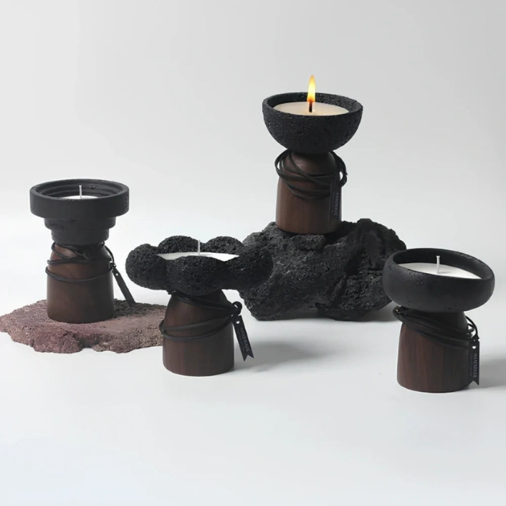 Cement Candle Holder, Concrete & Wood Bowl for Wax Sand or Cup Candles