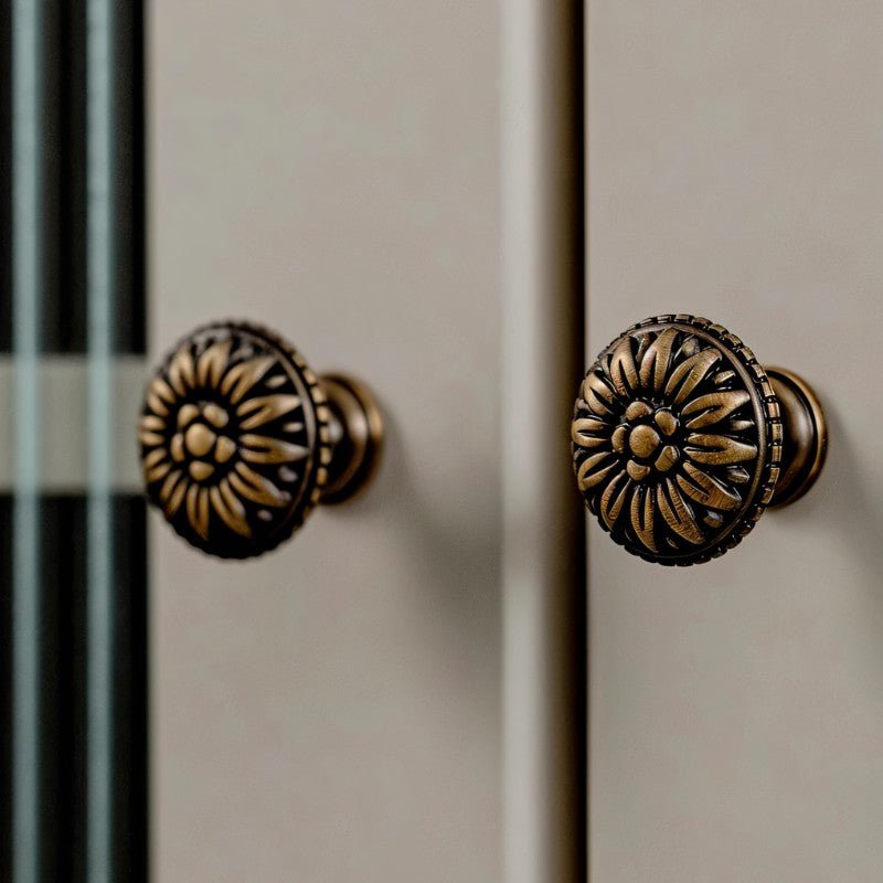 Solid Brass Carved Floral Cabinet Knobs, Vintage Kitchen & Dresser Hardware, Antique Finish, Set of 2 in Gold or Bronze, 1 x 0.9in