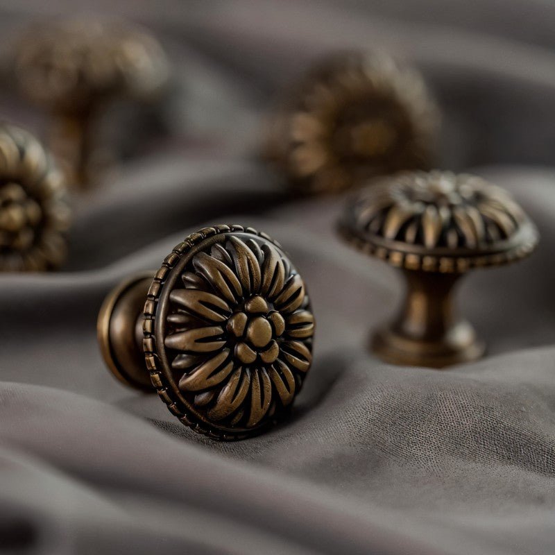 Solid Brass Carved Floral Cabinet Knobs, Vintage Kitchen & Dresser Hardware, Antique Finish, Set of 2 in Gold or Bronze, 1 x 0.9in