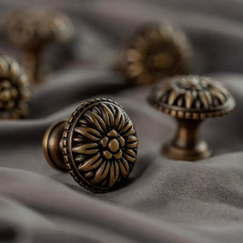 Solid Brass Carved Floral Cabinet Knobs, Vintage Kitchen & Dresser Hardware, Antique Finish, Set of 2 in Gold or Bronze, 1 x 0.9in
