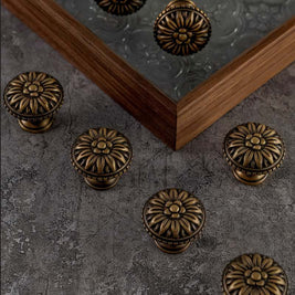 Solid Brass Carved Floral Cabinet Knobs, Vintage Kitchen & Dresser Hardware, Antique Finish, Set of 2 in Gold or Bronze, 1 x 0.9in