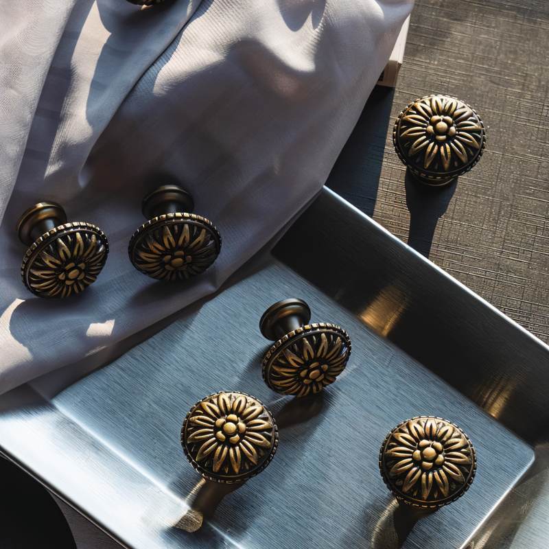 Solid Brass Carved Floral Cabinet Knobs, Vintage Kitchen & Dresser Hardware, Antique Finish, Set of 2 in Gold or Bronze, 1 x 0.9in