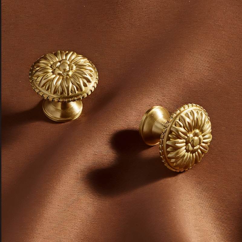 Solid Brass Carved Floral Cabinet Knobs, Vintage Kitchen & Dresser Hardware, Antique Finish, Set of 2 in Gold or Bronze, 1 x 0.9in