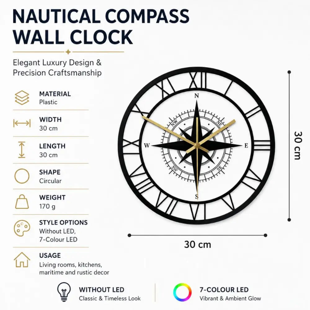 Nautical Compass Wall Clock with Wind Rose Coastal Living Room & Kitchen Clock Quiet Movement LED Option 11.8in - Decor