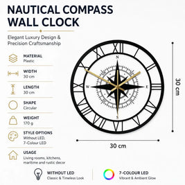 Nautical Compass Wall Clock with Wind Rose Coastal Living Room & Kitchen Clock Quiet Movement LED Option 11.8in - Decor
