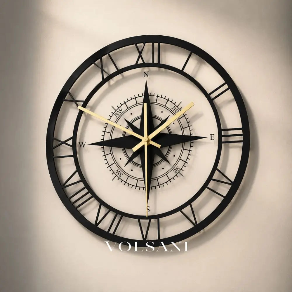 Nautical Compass Wall Clock with Wind Rose Coastal Living Room & Kitchen Clock Quiet Movement LED Option 11.8in - Decor