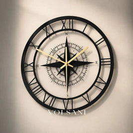 Nautical Compass Wall Clock with Wind Rose Coastal Living Room & Kitchen Clock Quiet Movement LED Option 11.8in - Decor