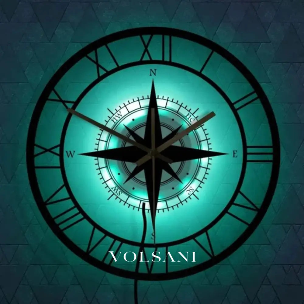 Nautical Compass Wall Clock with Wind Rose Coastal Living Room & Kitchen Clock Quiet Movement LED Option 11.8in - Decor
