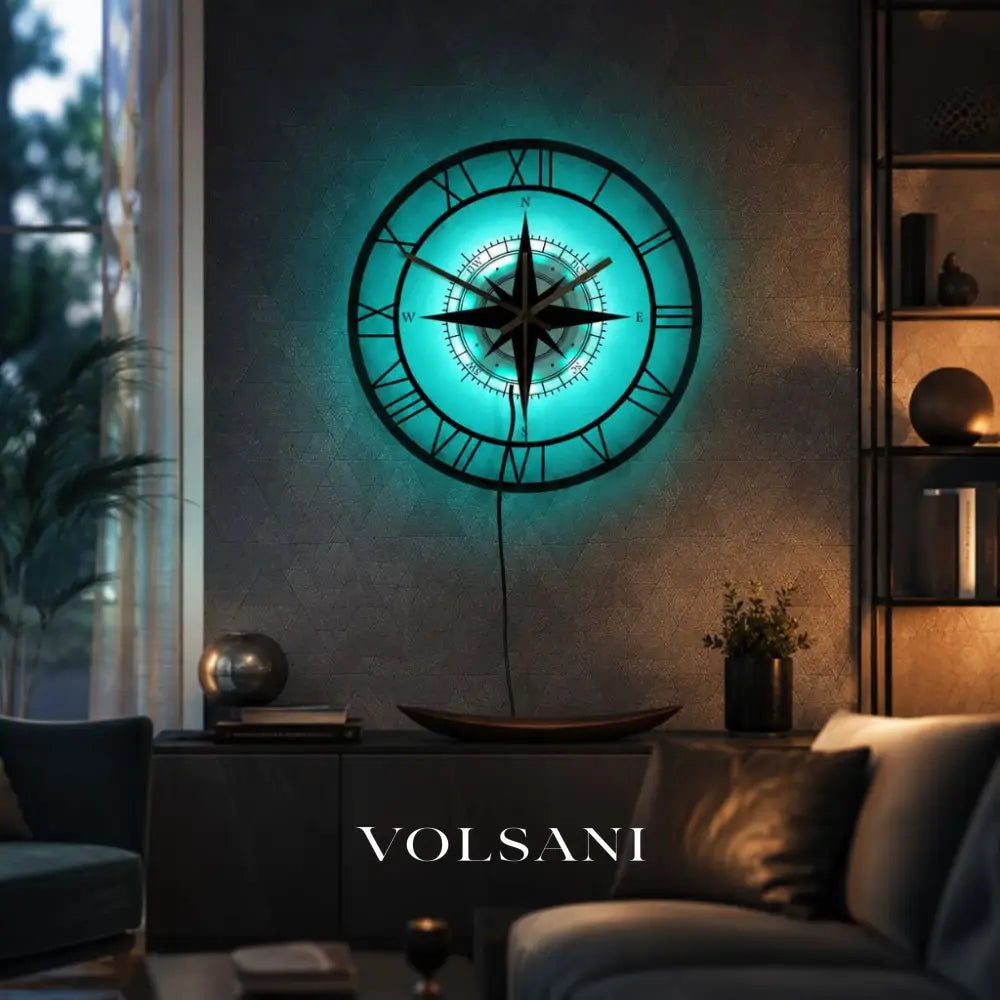 Nautical Compass Wall Clock with Wind Rose Coastal Living Room & Kitchen Clock Quiet Movement LED Option 11.8in - Decor