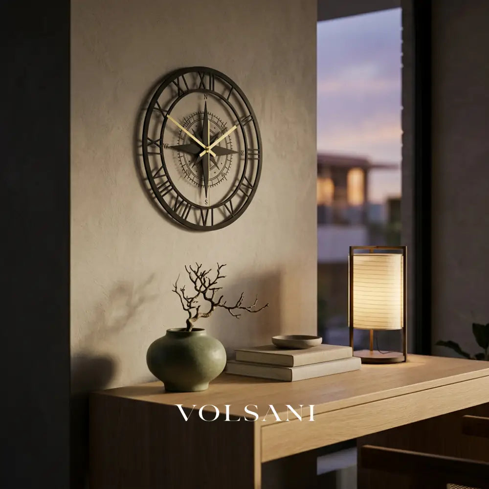Nautical Compass Wall Clock above a desk in a home office