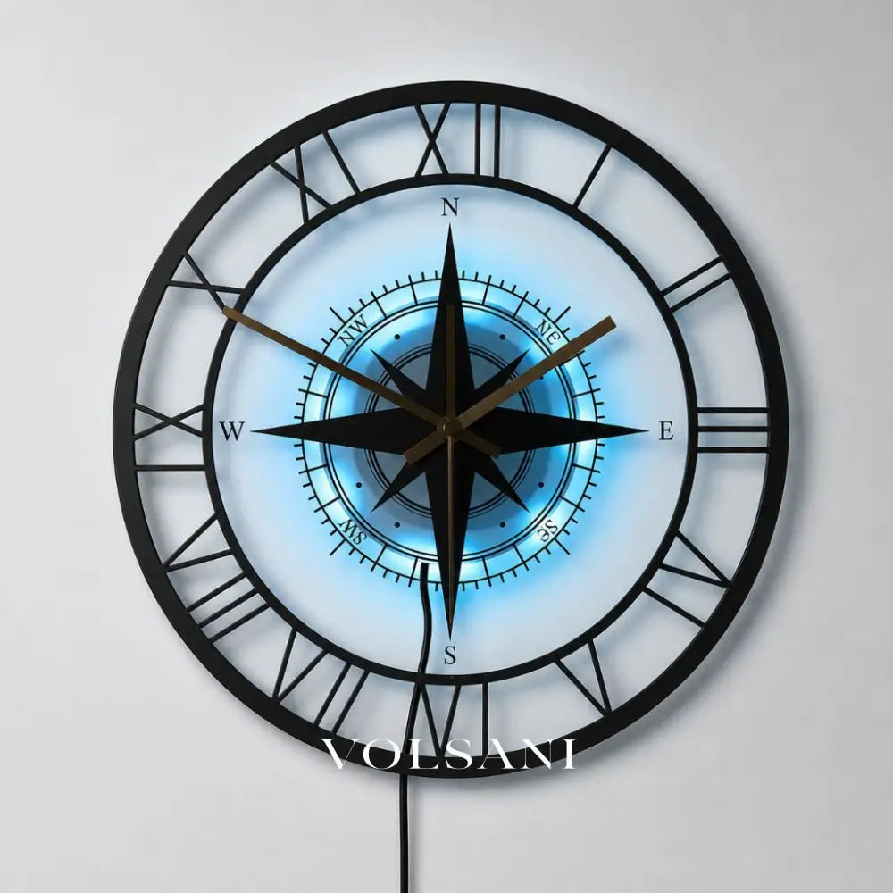 Nautical Compass Wall Clock with Wind Rose Coastal Living Room & Kitchen Clock Quiet Movement LED Option 11.8in - Decor