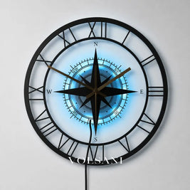 Nautical Compass Wall Clock with Wind Rose Coastal Living Room & Kitchen Clock Quiet Movement LED Option 11.8in - Decor