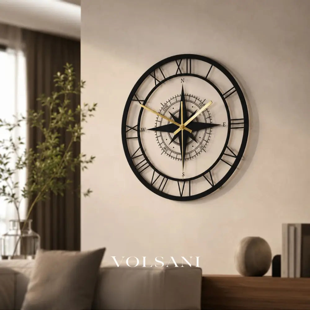 Nautical Compass Wall Clock with Wind Rose Coastal Living Room & Kitchen Clock Quiet Movement LED Option 11.8in - Decor