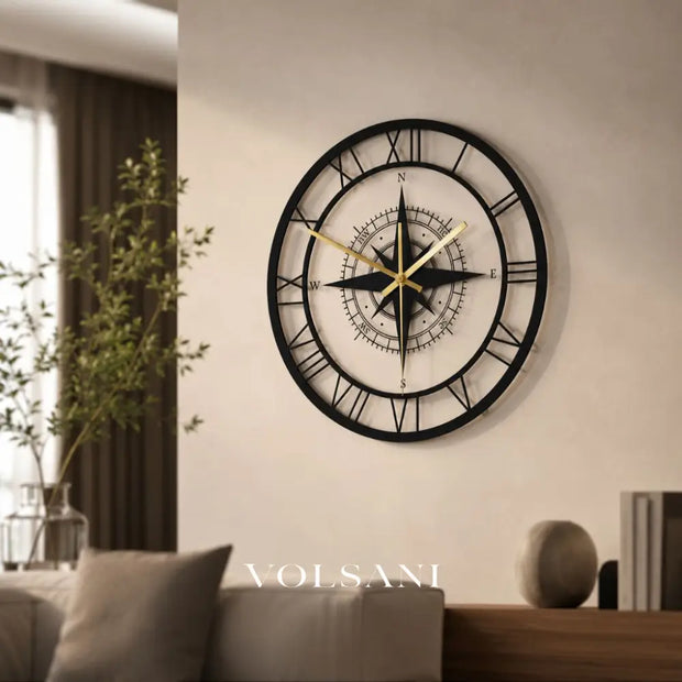 Nautical Compass Wall Clock with Wind Rose Coastal Living Room & Kitchen Clock Quiet Movement LED Option 11.8in - Decor