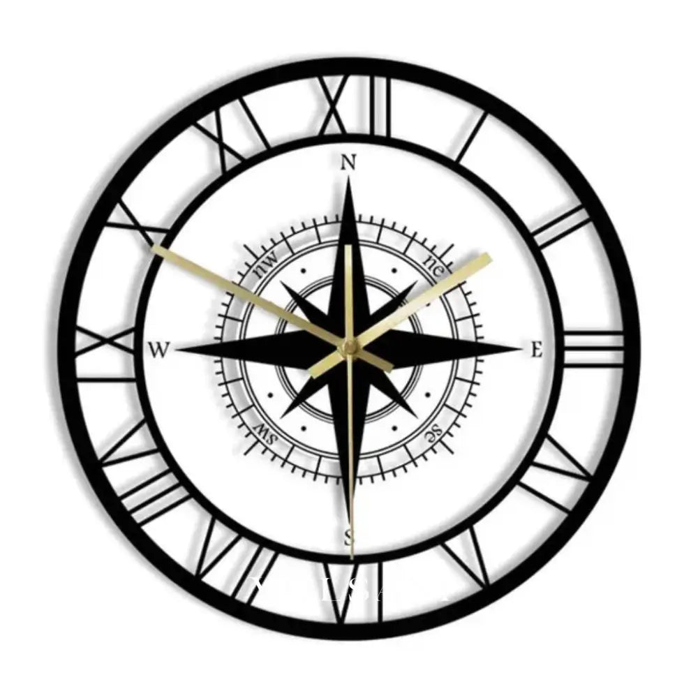 Nautical Compass Wall Clock with Wind Rose Coastal Living Room & Kitchen Clock Quiet Movement LED Option 11.8in