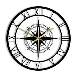 Nautical Compass Wall Clock with Wind Rose Coastal Living Room & Kitchen Clock Quiet Movement LED Option 11.8in