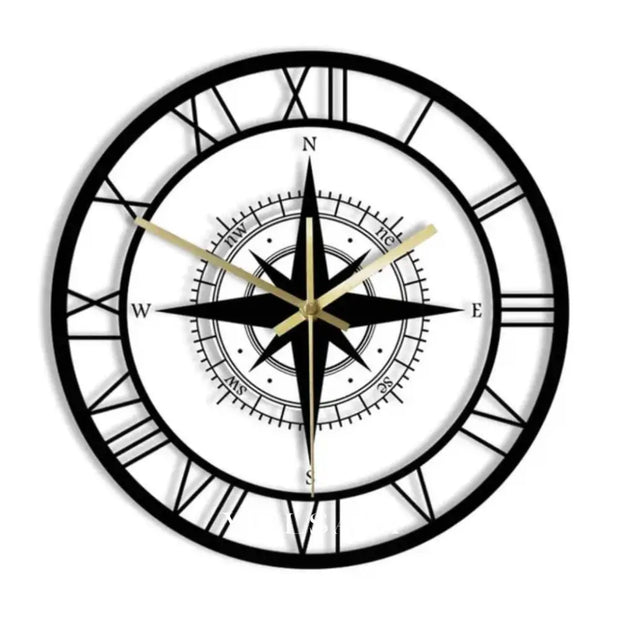 Nautical Compass Wall Clock with Wind Rose Coastal Living Room & Kitchen Clock Quiet Movement LED Option 11.8in