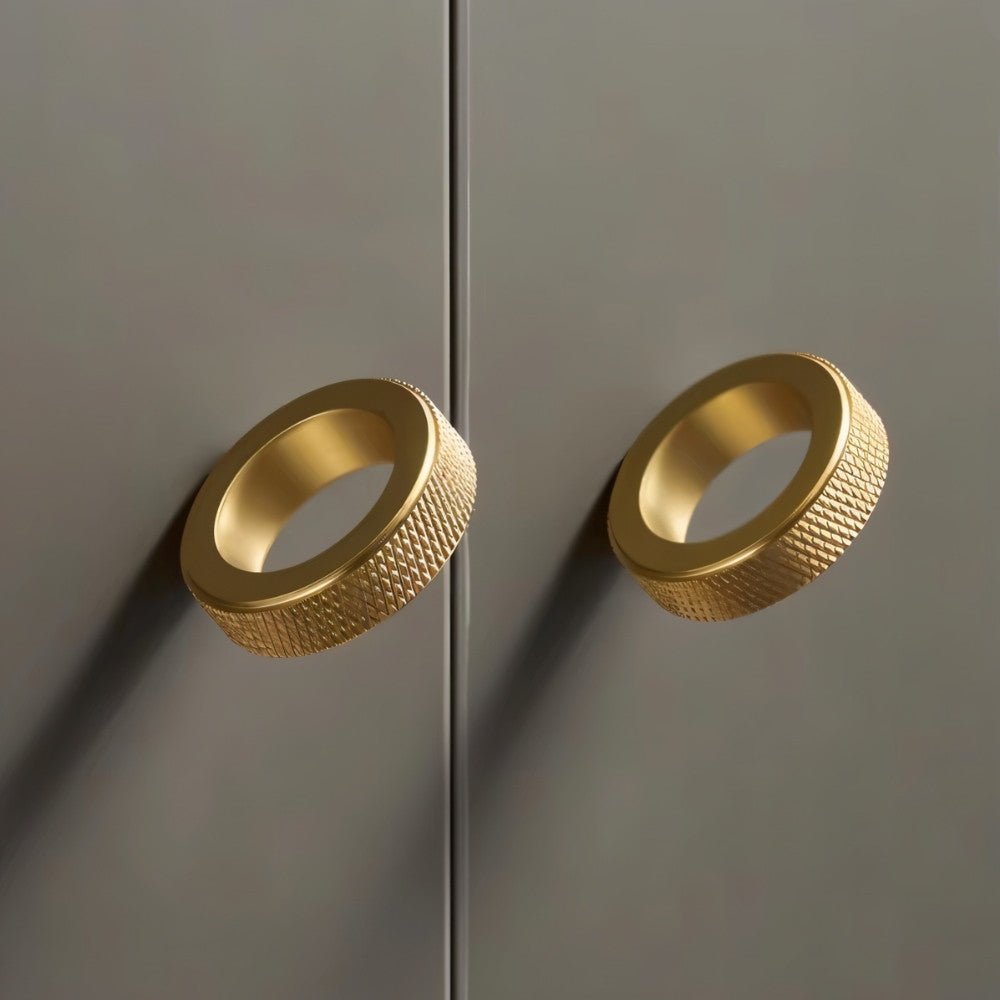 Brass Knurled Cabinet Knobs, Modern Kitchen & Wardrobe Hardware, Polished Golden Finish, Set of 2, 1.9 x 0.3in