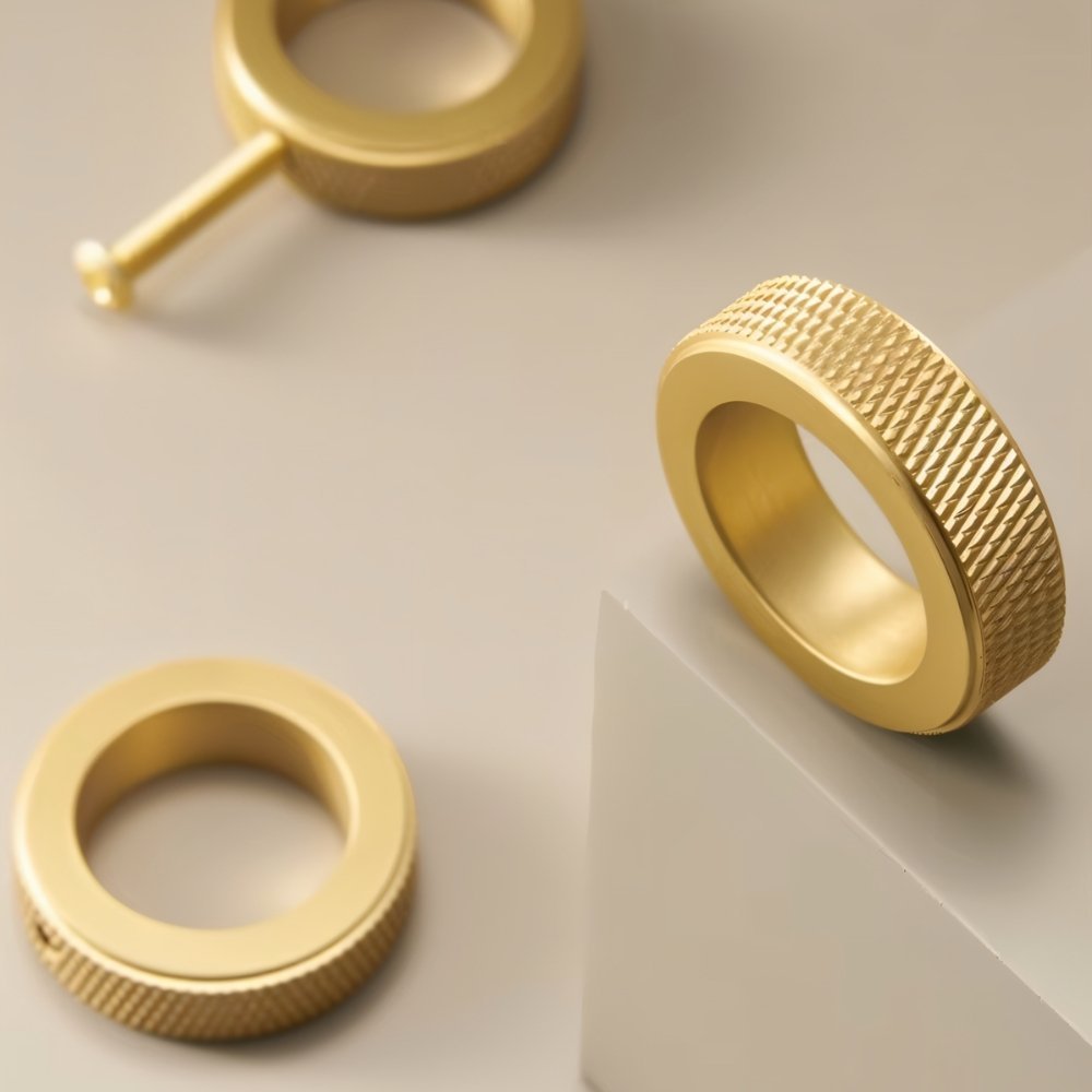 Brass Knurled Cabinet Knobs, Modern Kitchen & Wardrobe Hardware, Polished Golden Finish, Set of 2, 1.9 x 0.3in