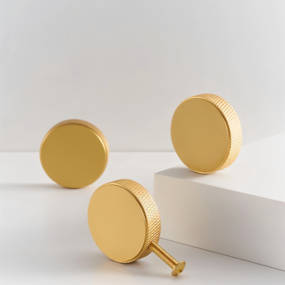 Brass Knurled Cabinet Knobs, Modern Kitchen & Wardrobe Hardware, Polished Golden Finish, Set of 2, 1.9 x 0.3in