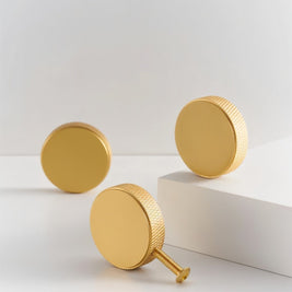 Brass Knurled Cabinet Knobs, Modern Kitchen & Wardrobe Hardware, Polished Golden Finish, Set of 2, 1.9 x 0.3in