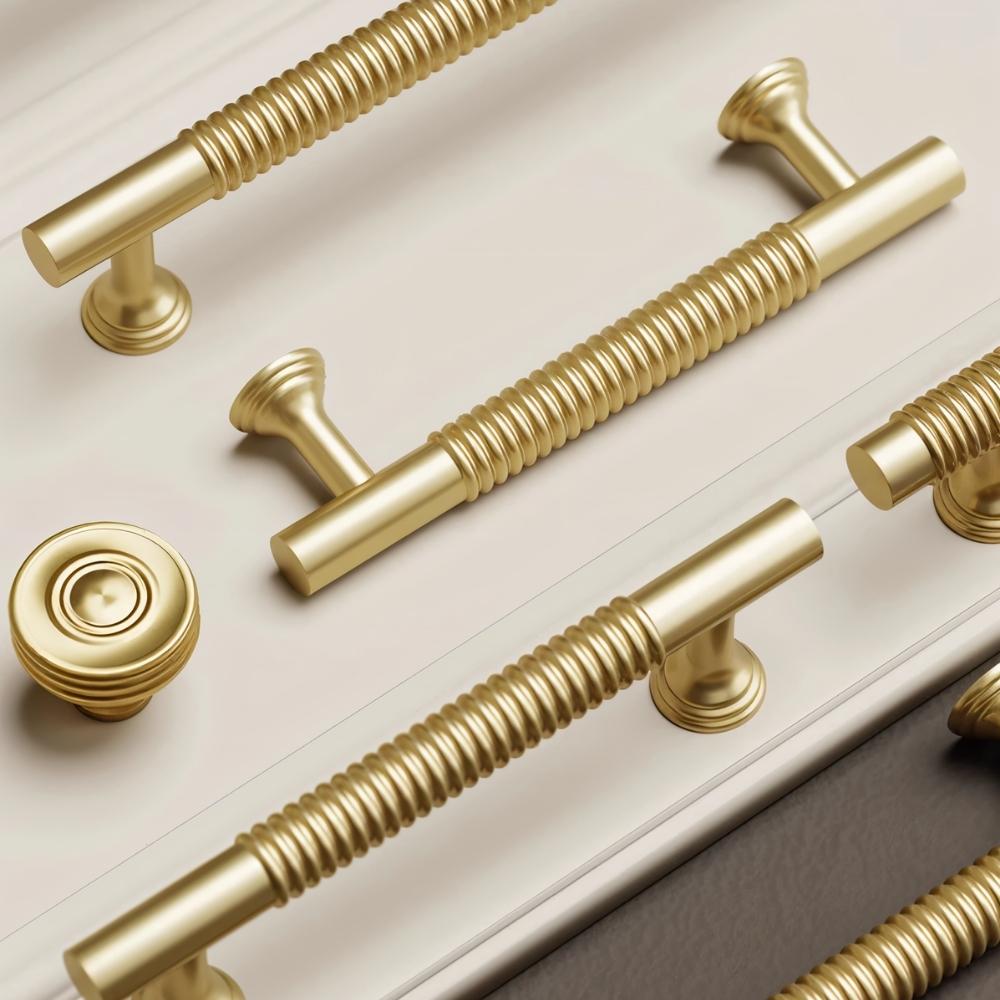 Solid Brass Cabinet Knobs & Pull Bars, Industrial Kitchen & Vanity Hardware, Grooved Textured Grip, Set of 2 in 8 Sizes, 1.1-10in