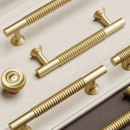 Solid Brass Cabinet Knobs & Pull Bars, Industrial Kitchen & Vanity Hardware, Grooved Textured Grip, Set of 2 in 8 Sizes, 1.1-10in