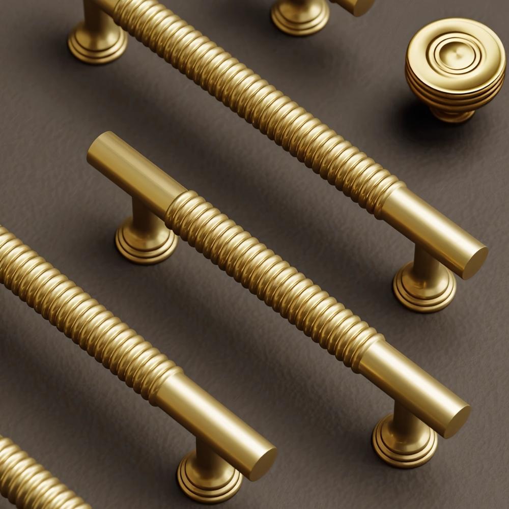 Solid Brass Cabinet Knobs & Pull Bars, Industrial Kitchen & Vanity Hardware, Grooved Textured Grip, Set of 2 in 8 Sizes, 1.1-10in