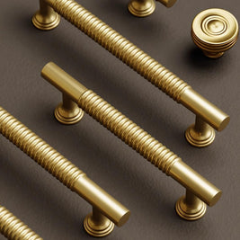 Solid Brass Cabinet Knobs & Pull Bars, Industrial Kitchen & Vanity Hardware, Grooved Textured Grip, Set of 2 in 8 Sizes, 1.1-10in