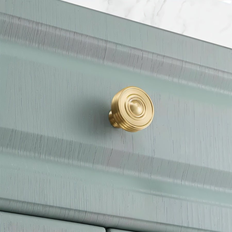Ribbed Brass Cabinet Knobs & Drawer Pulls, Classic Kitchen & Vanity Hardware, Concentric Detail, Set of 2, 1-12.5in